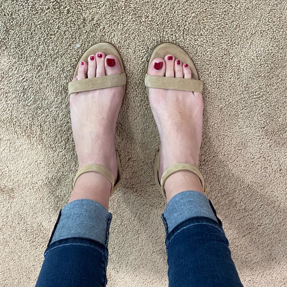 Stuart Weitzman tan suede sandals with 1.25 inch heel